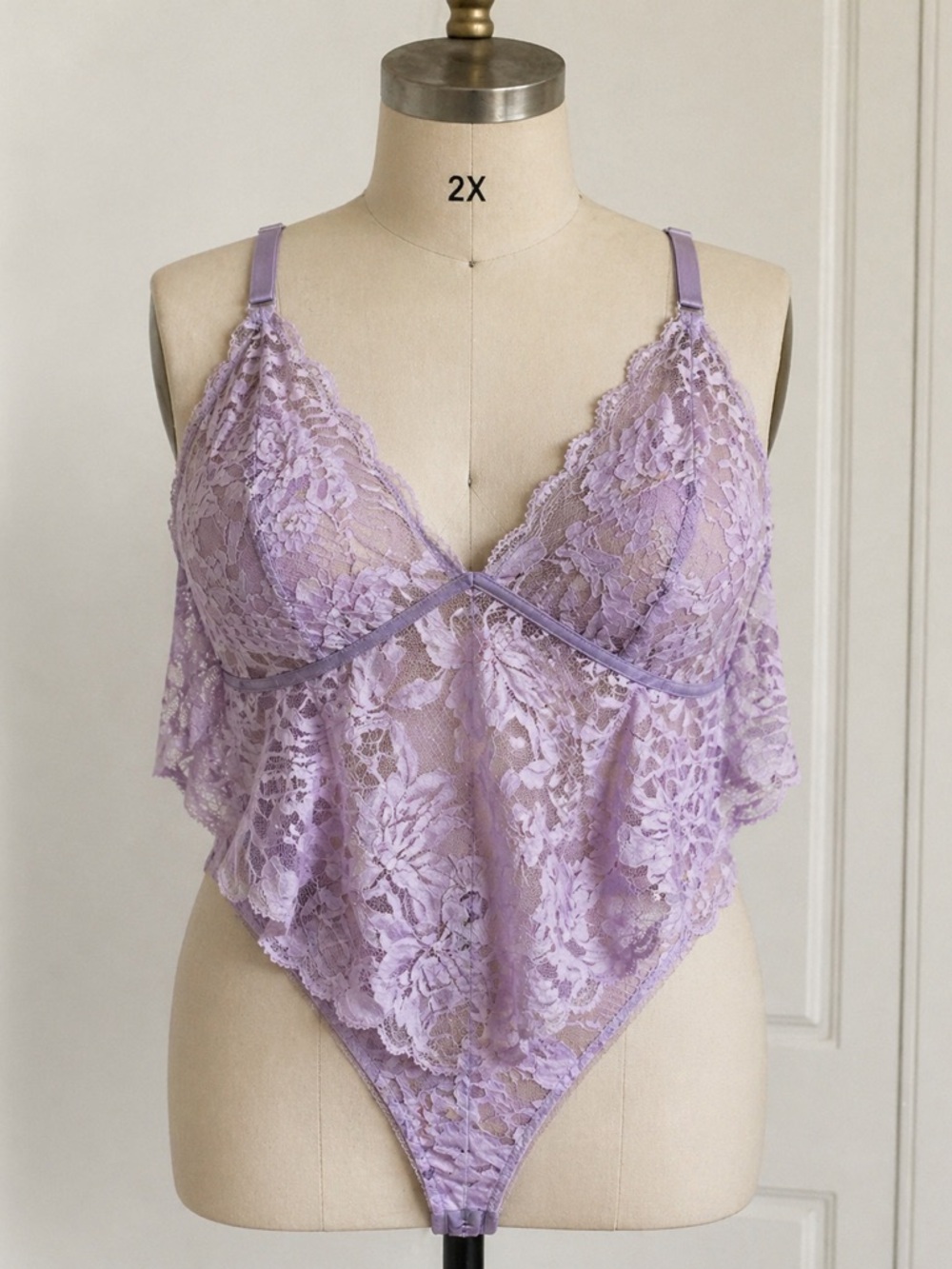 Adore Me 2X Lavender Lace Bodysuit Sheer Floral Lingerie Teddy Plus Size